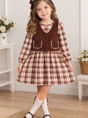 Nannette Brown Plaid Dress with Brown Vest and Pink Trim, size 8.